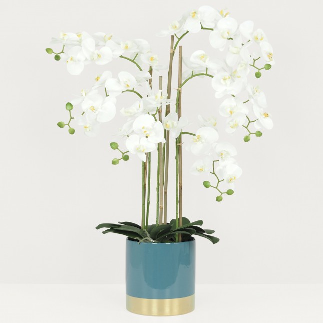 Plante Fleur Artificielle Orchidée Toucher Naturel, Pot Céramique Bleu, H.80cm | CHIYA