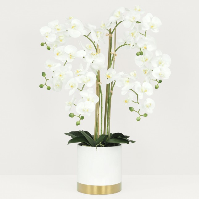 Plante Fleur Artificielle Orchidée Toucher Naturel, Pot Céramique Blanc, H.80cm | CESIA