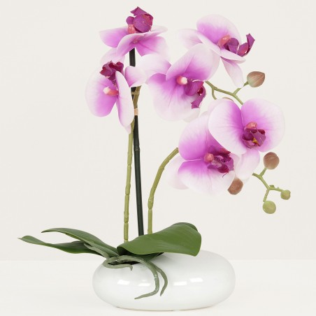 Orchidées artificielles blanc fuchsia 35cm sur fond gris