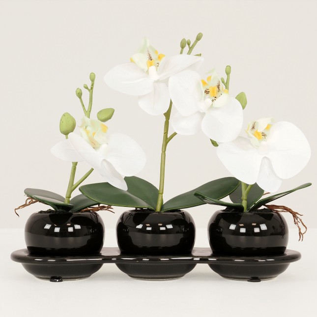 Lot de 3 Orchidées Artificielles, Toucher Naturel, Pot et Plateau Céramique Noir, H.20cm - OZALEE