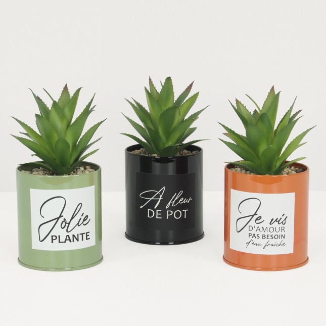 Lot de 3 Plantes Vertes Artificielles Succulentes de Bureau, Pot Métal à Messages Colorés, H.20cm | SUGGIU