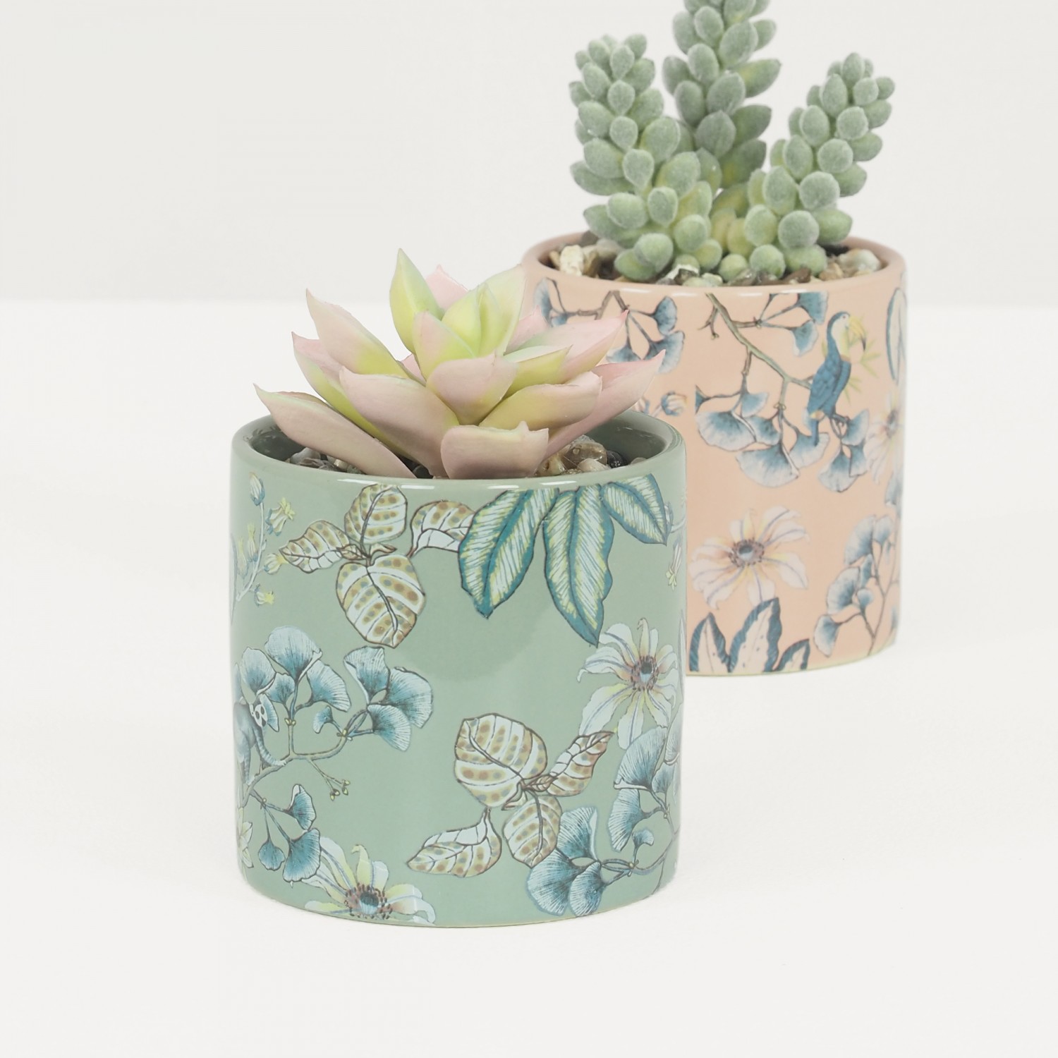 Lot de 2 Plantes Vertes Artificielles Succulentes de Bureau, Pot Céramique Motif Floral, H.10cm | KHIEW