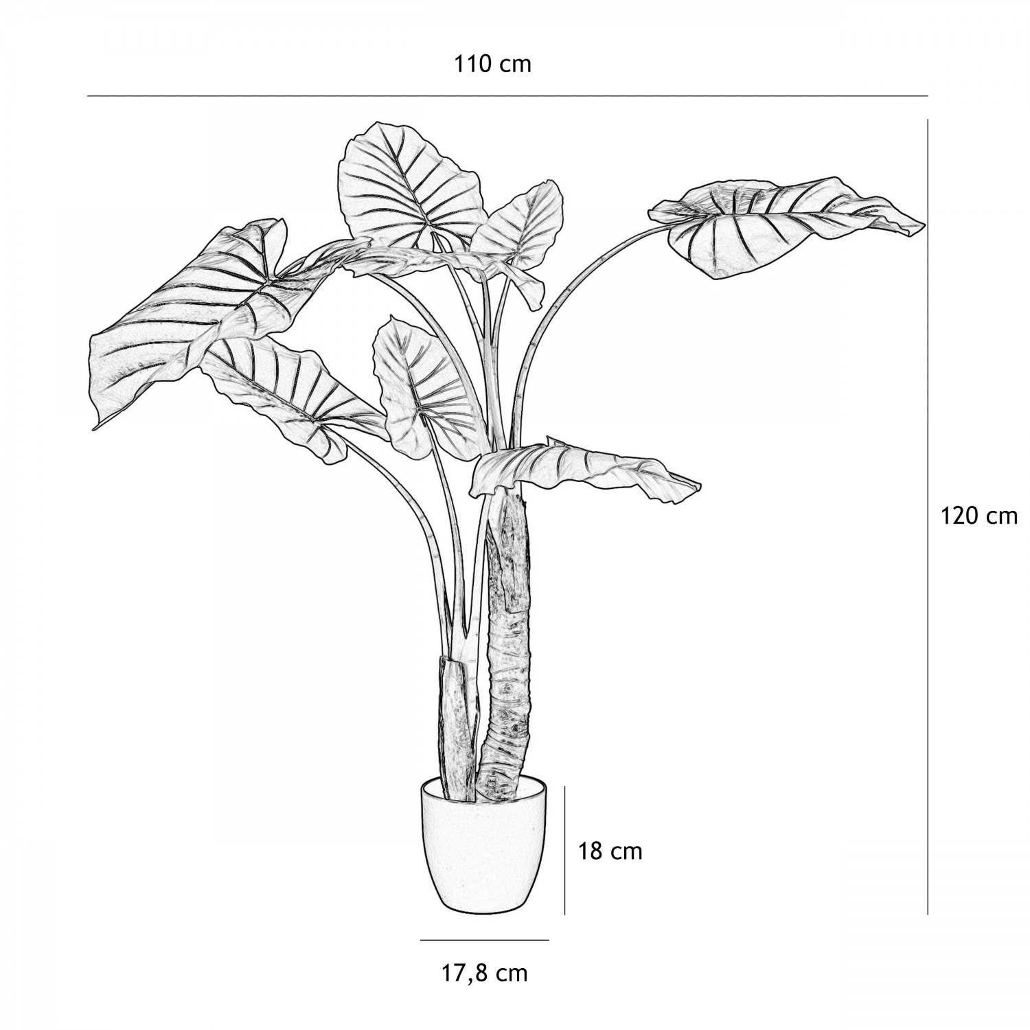 Philodendron artificiel toucher naturel 120cm graphique avec les dimensions