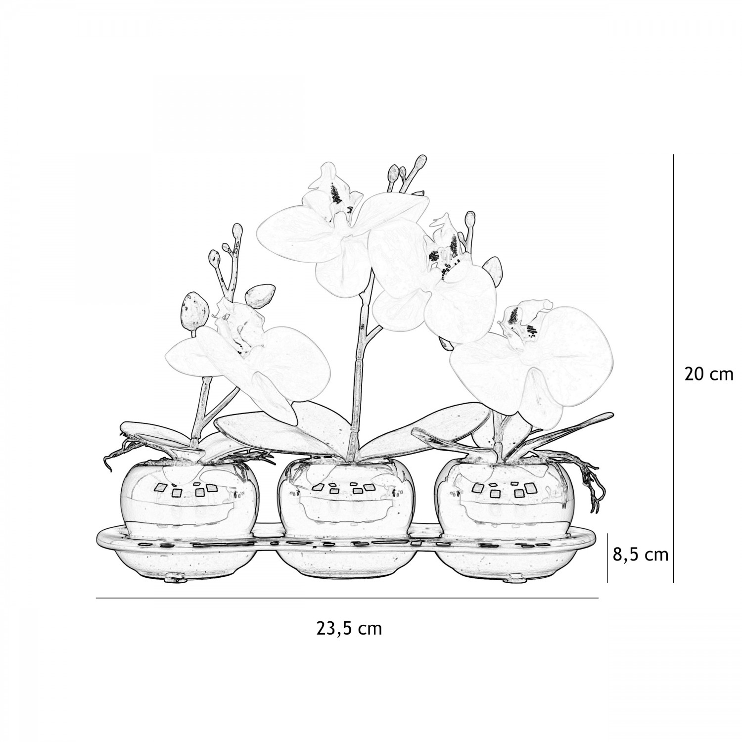Orchidées artificielles 20cm lot de 3 graphique avec les dimensions