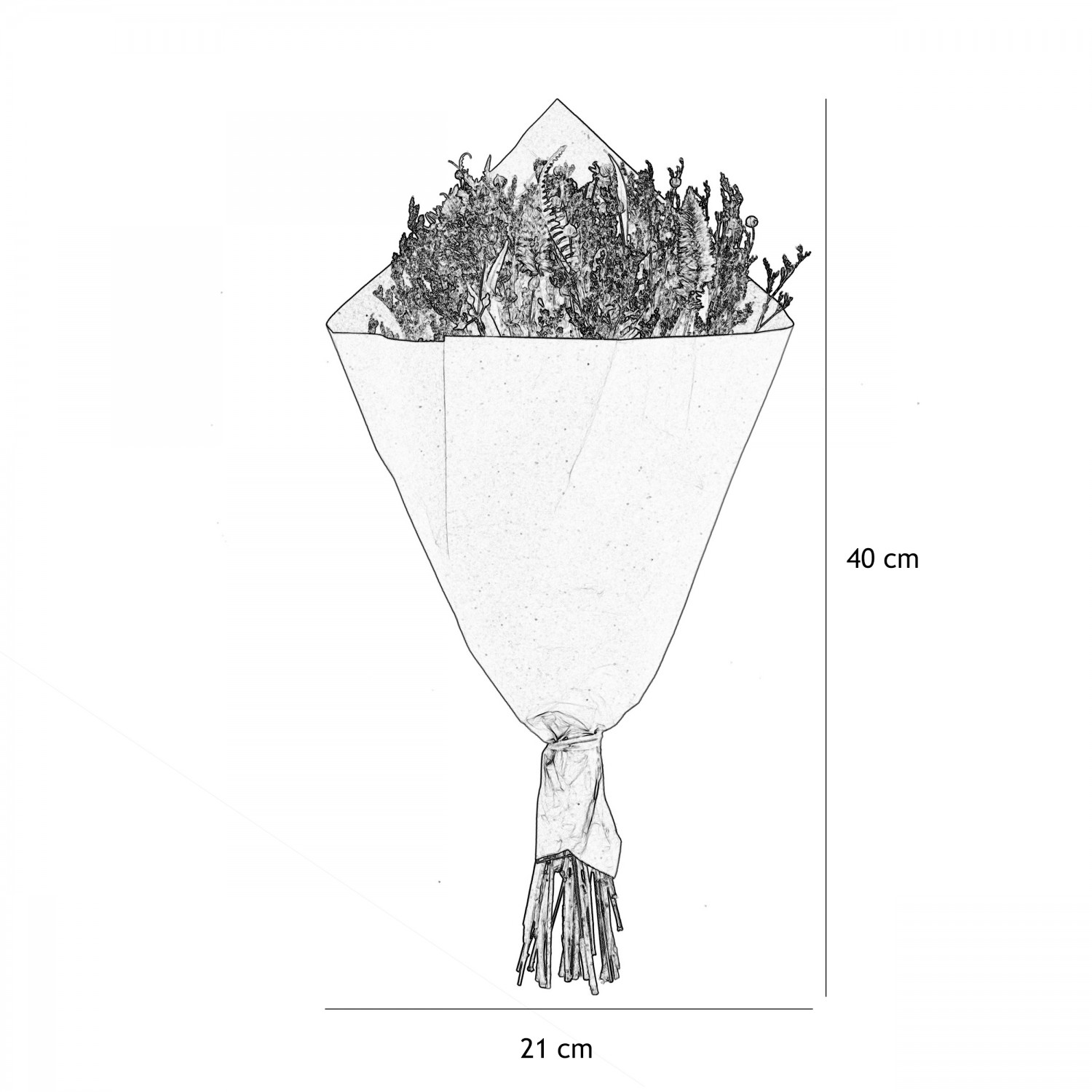 Bouquet fleurs séchées papier kraft 40cm graphique avec les dimensions