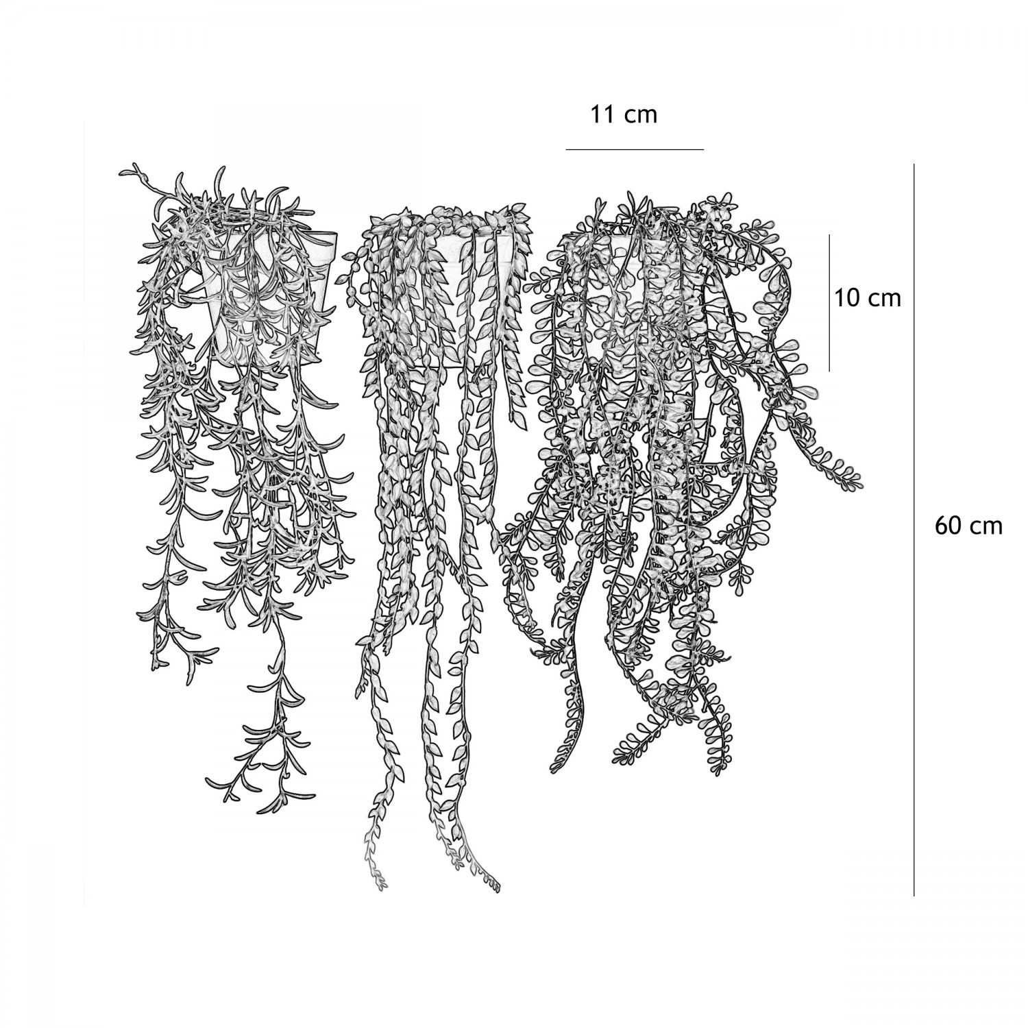 Plante succulente retombante artificielle 60cm lot de 3 graphique avec les dimesions