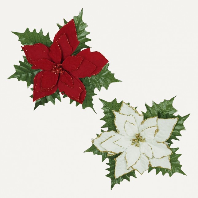 Poinsettia fleurs artificiel clip 17cm lot de 4 sur fond beige