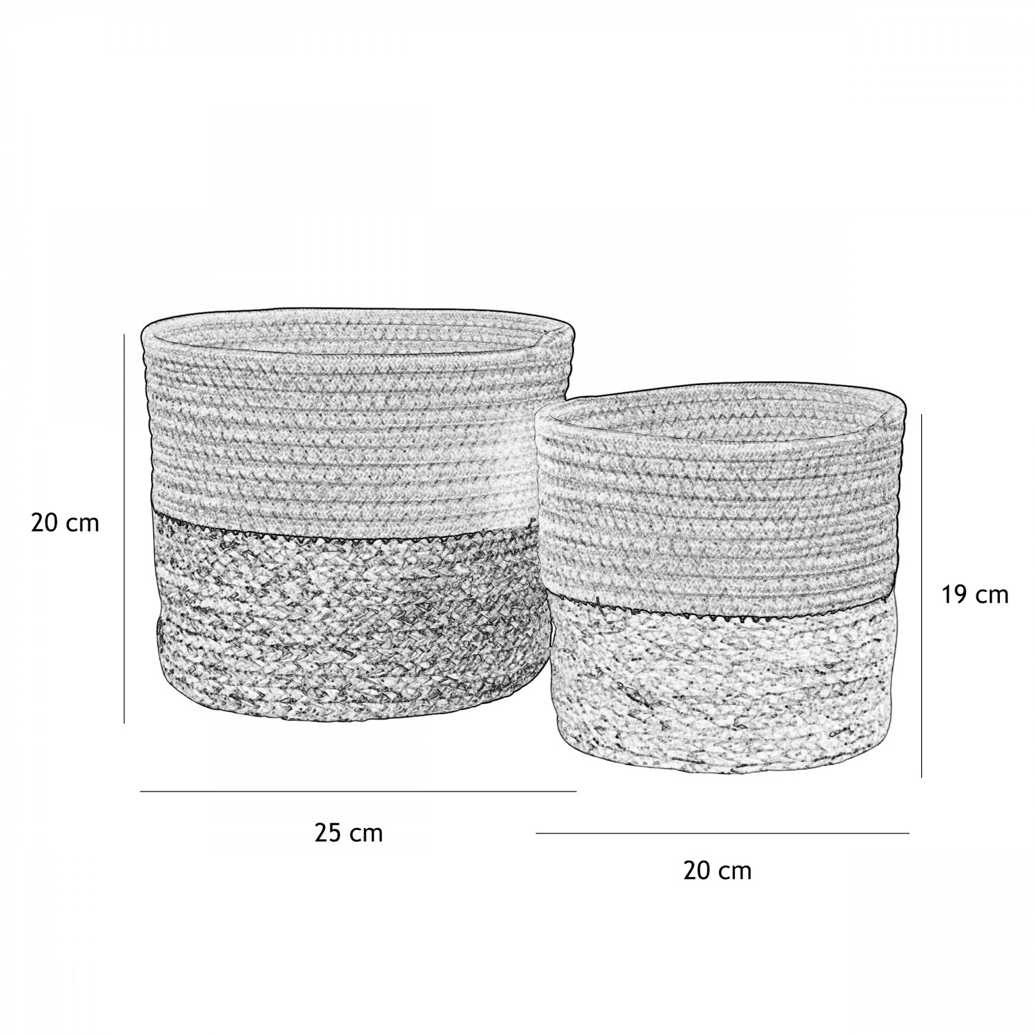 Cache-pots en coton 25cm lot de 2 graphique avec les dimensions