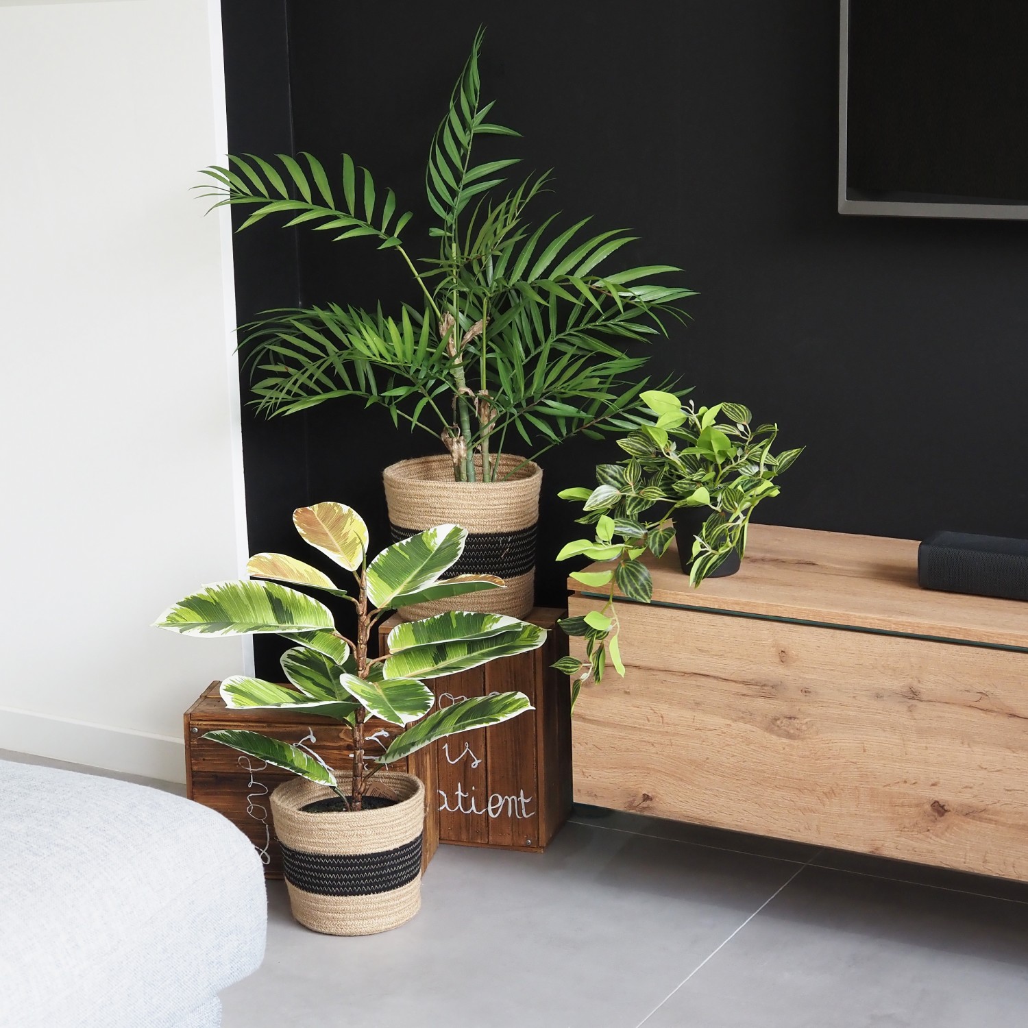 Plante verte artificielle caoutchouc 65cm en ambiance avec d'autres plantes vertes à côté du meuble du télé