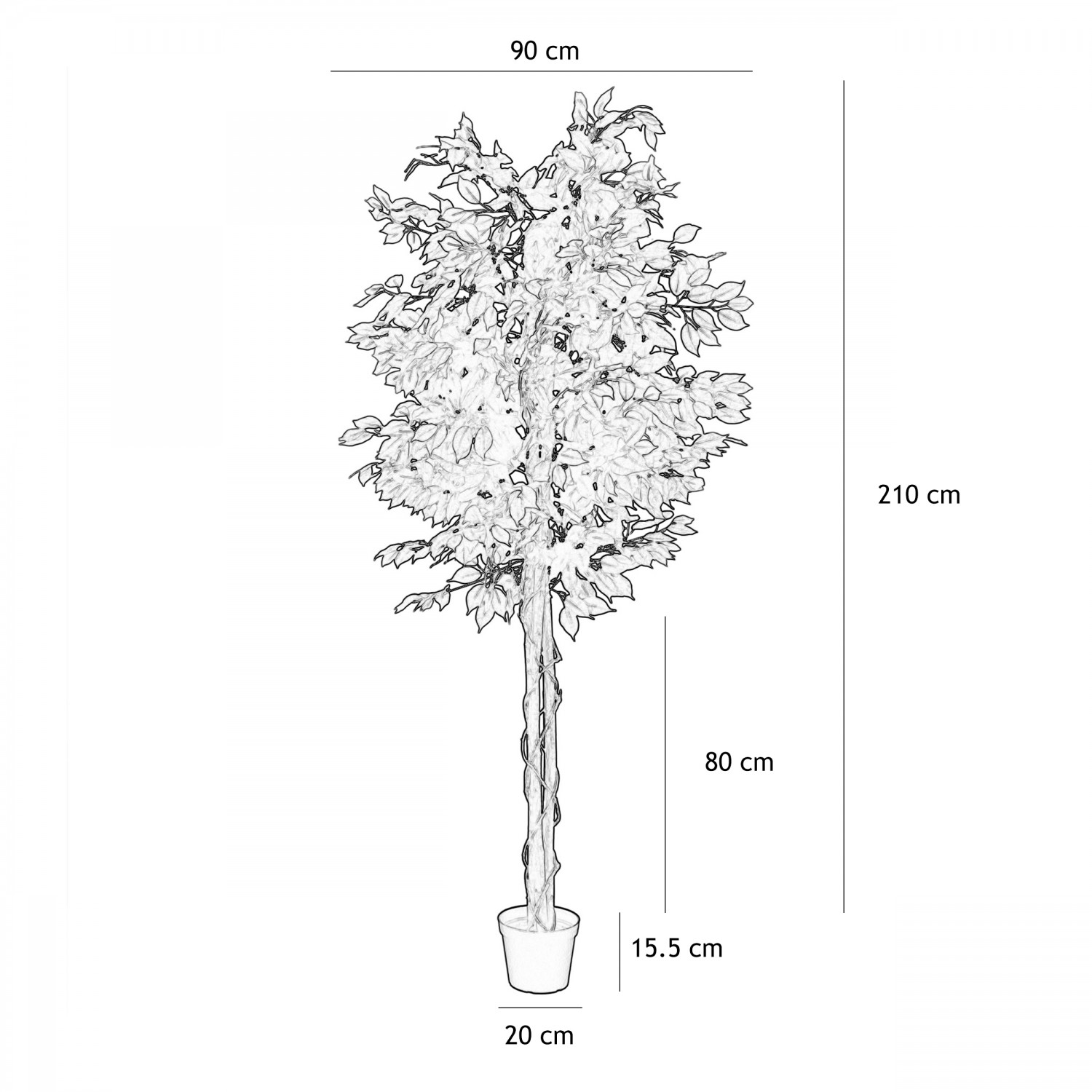 Ficus artificiel vert 210cm graphique avec les dimensions