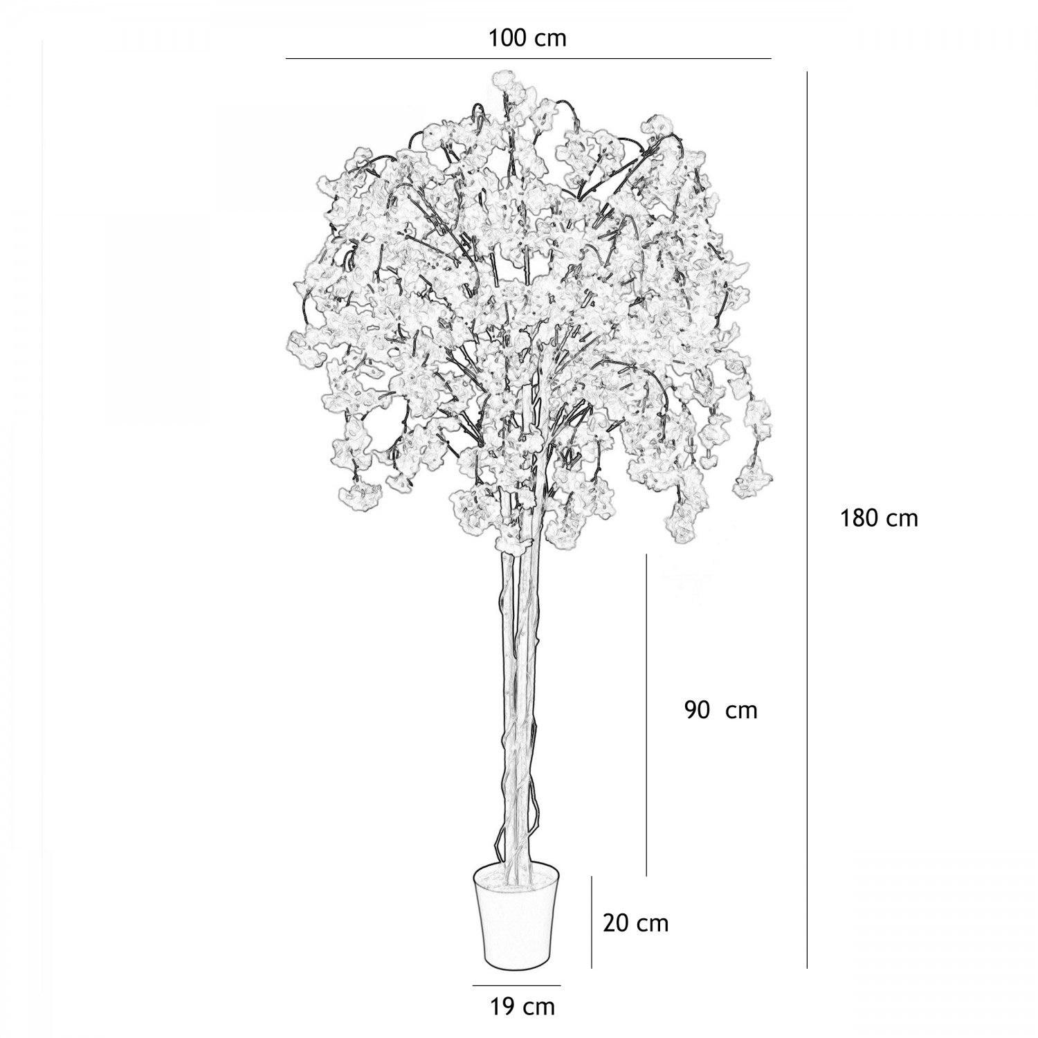 Cerisier artificiel retombant rose 180cm graphique avec les dimensions