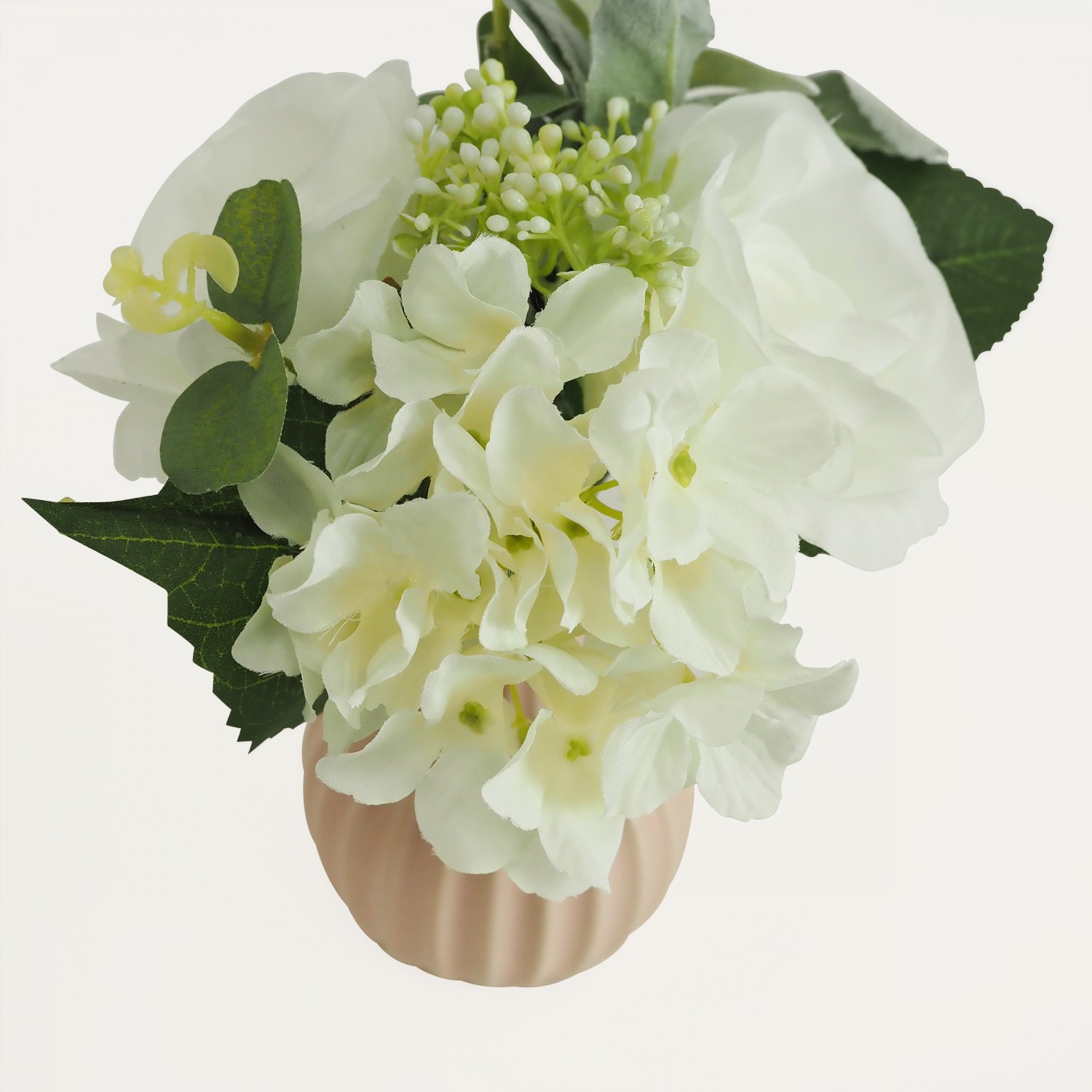 Bouquet fleurs artificiel en pot blanc 25cm focus zoom fleur
