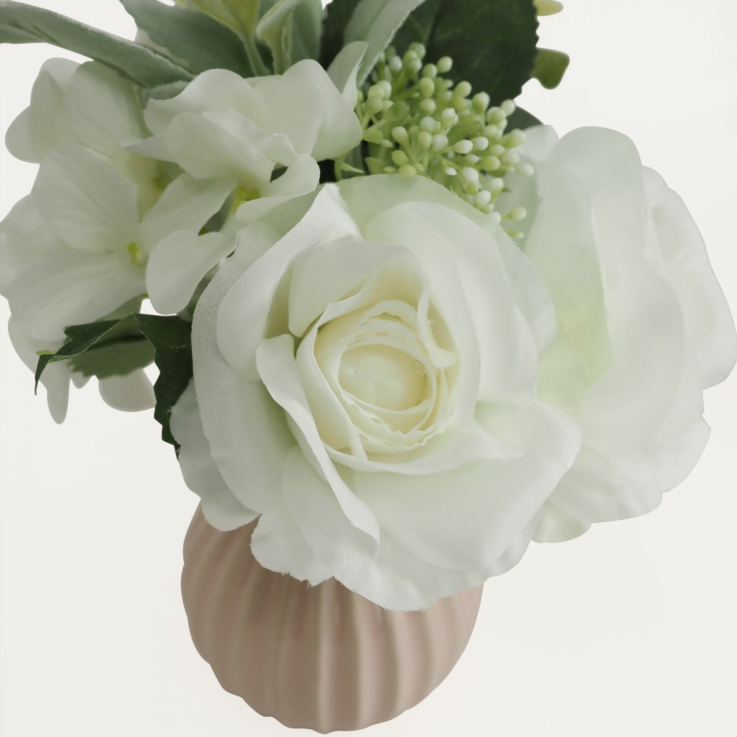 Bouquet fleurs artificiel en pot blanc 25cm focus zoom fleurs