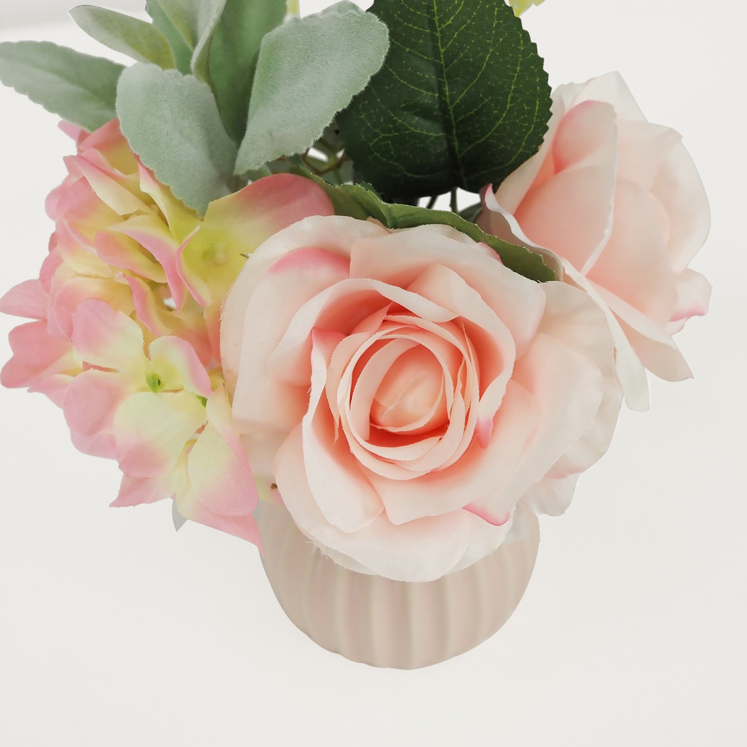 Bouquet fleurs artificiel en pot rose 25cm focus zoom fleur