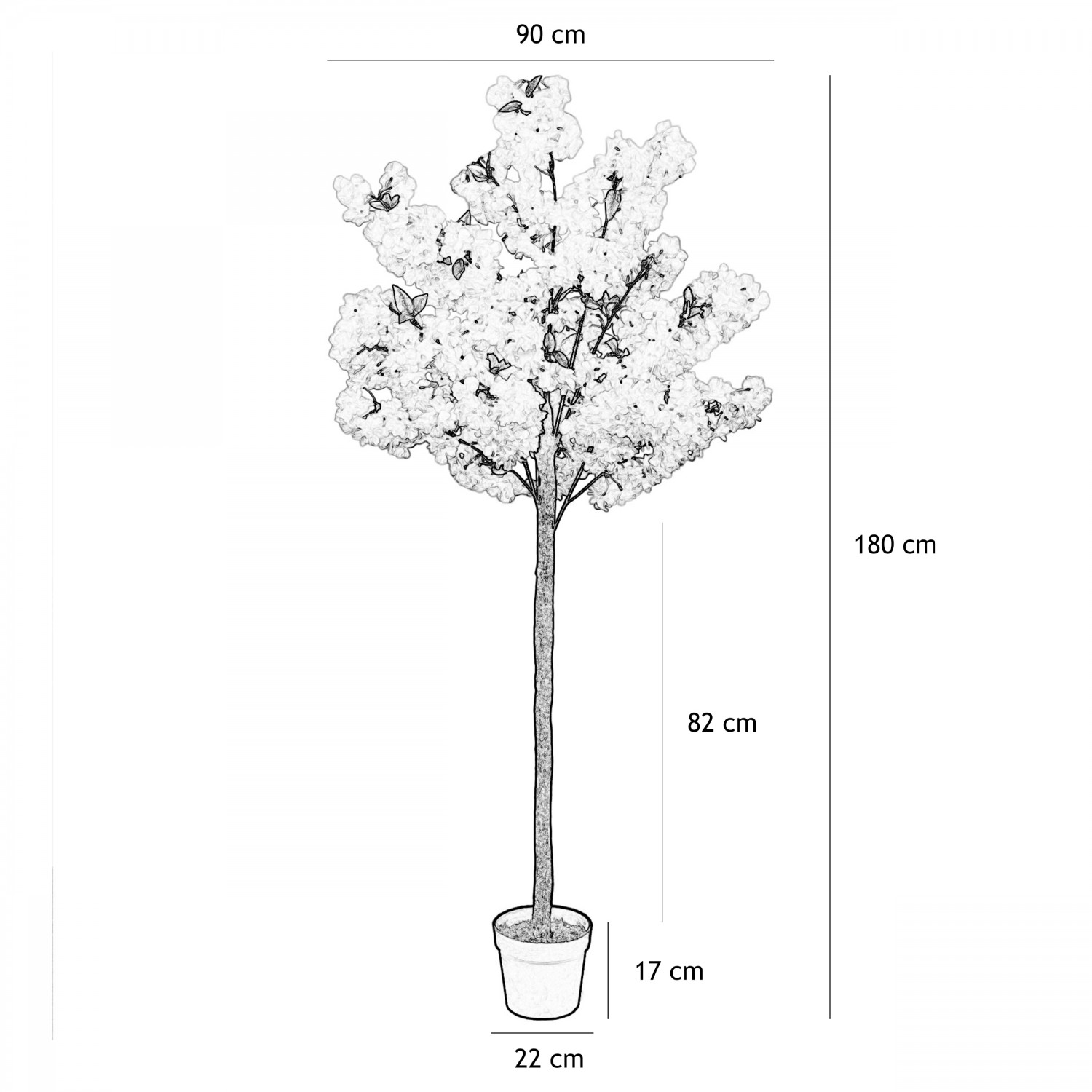 Cerisier artificiel rose clair 180cm graphique avec les dimensions