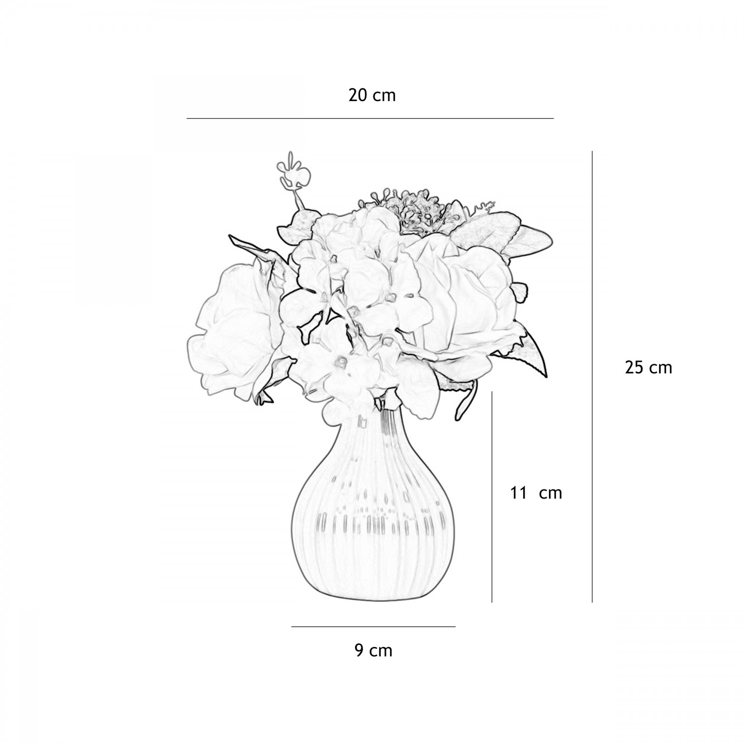 Bouquet artificiel de fleurs roses en pot 25cm lot de 2 graphique avec les dimensions