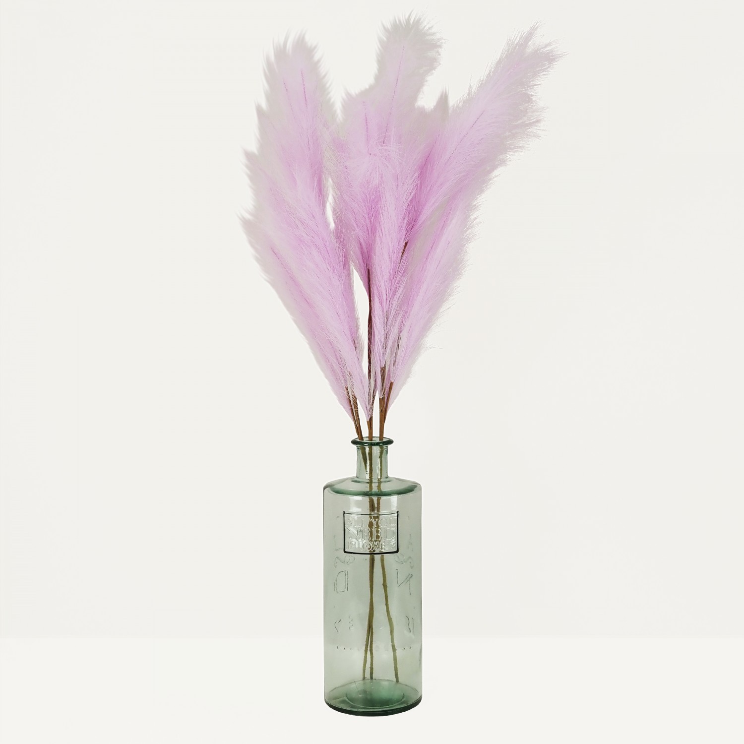 Plumeau artificiel violet clair 110cm lot de 3 dans un vase en verre