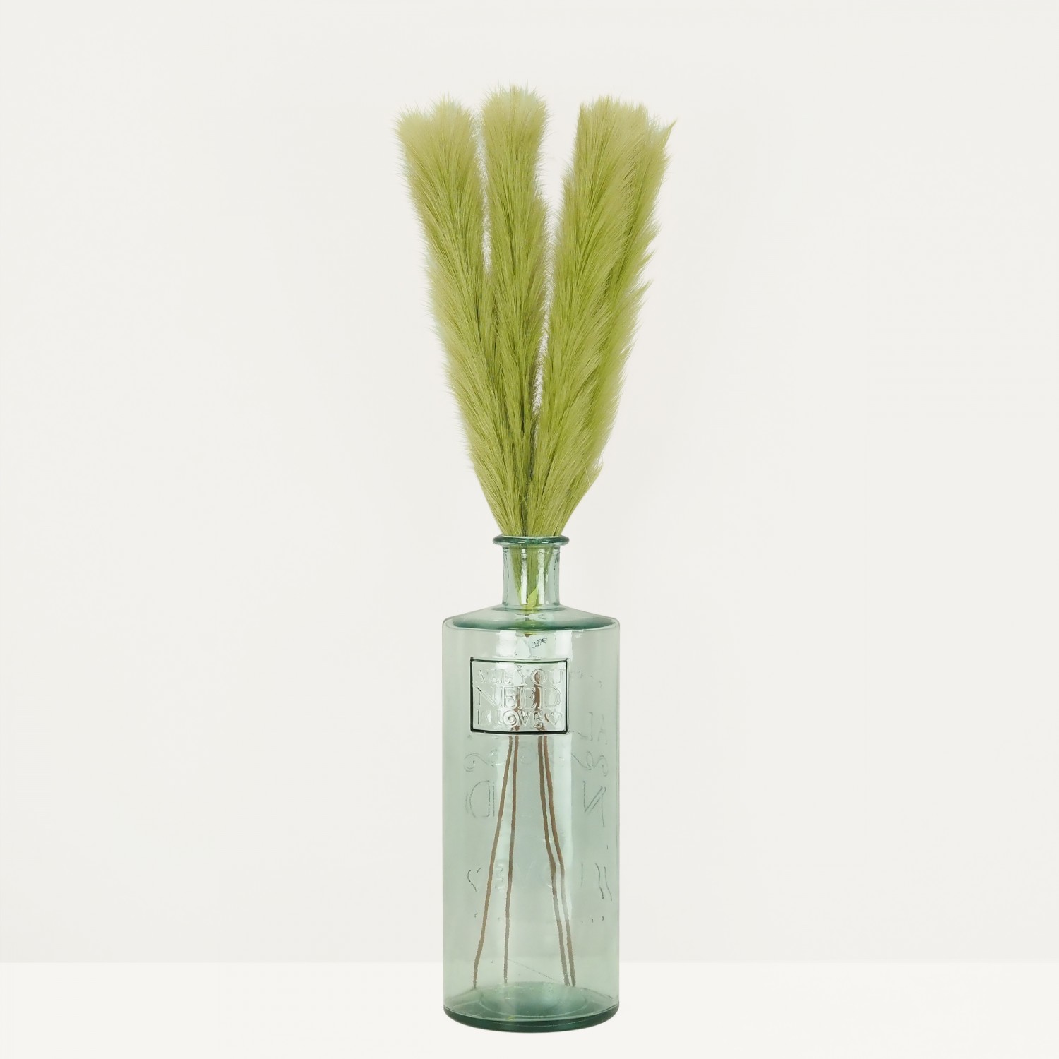 Plumeau artificiel vert olive 77cm lot de 4 dans un vase en verre