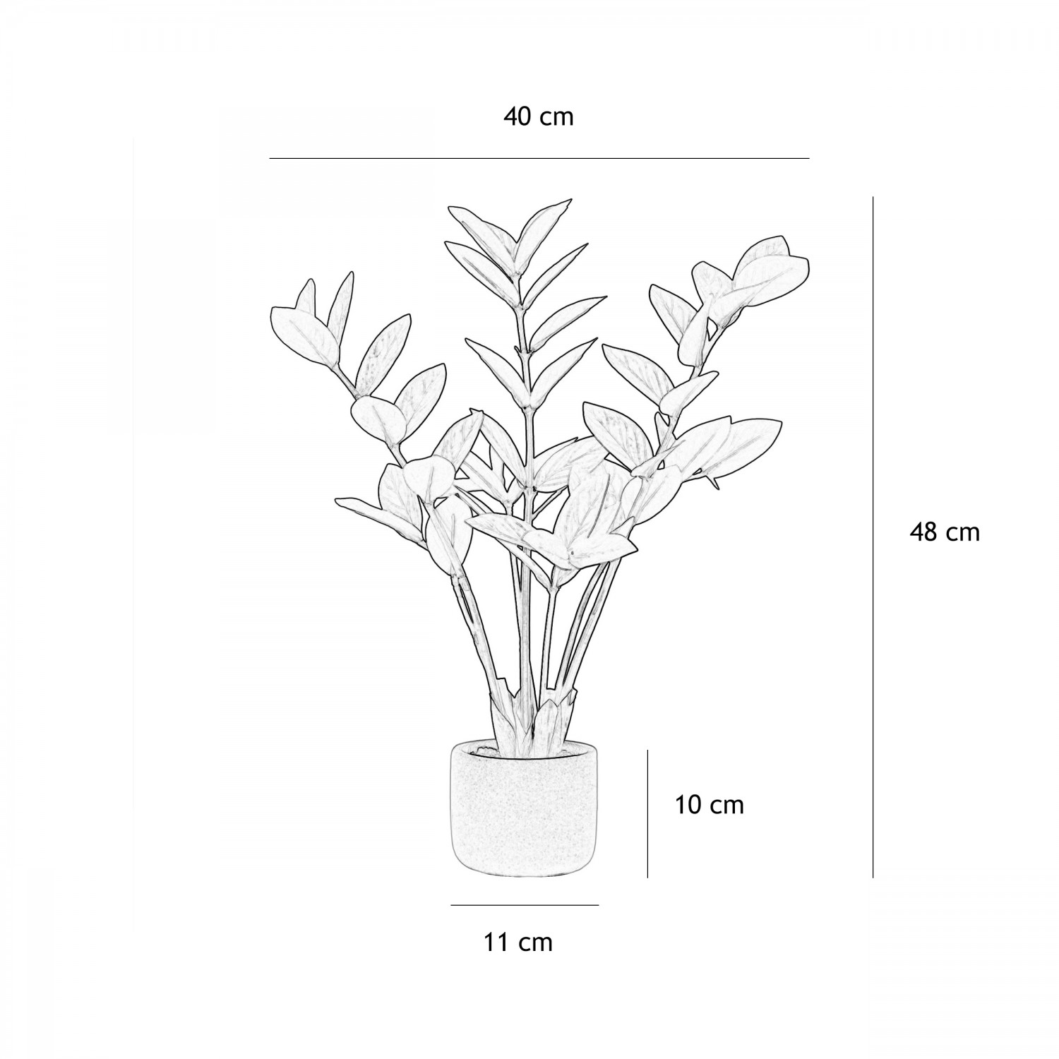 Plante verte zamioculcas artificiel 48cm graphique avec les dimensions