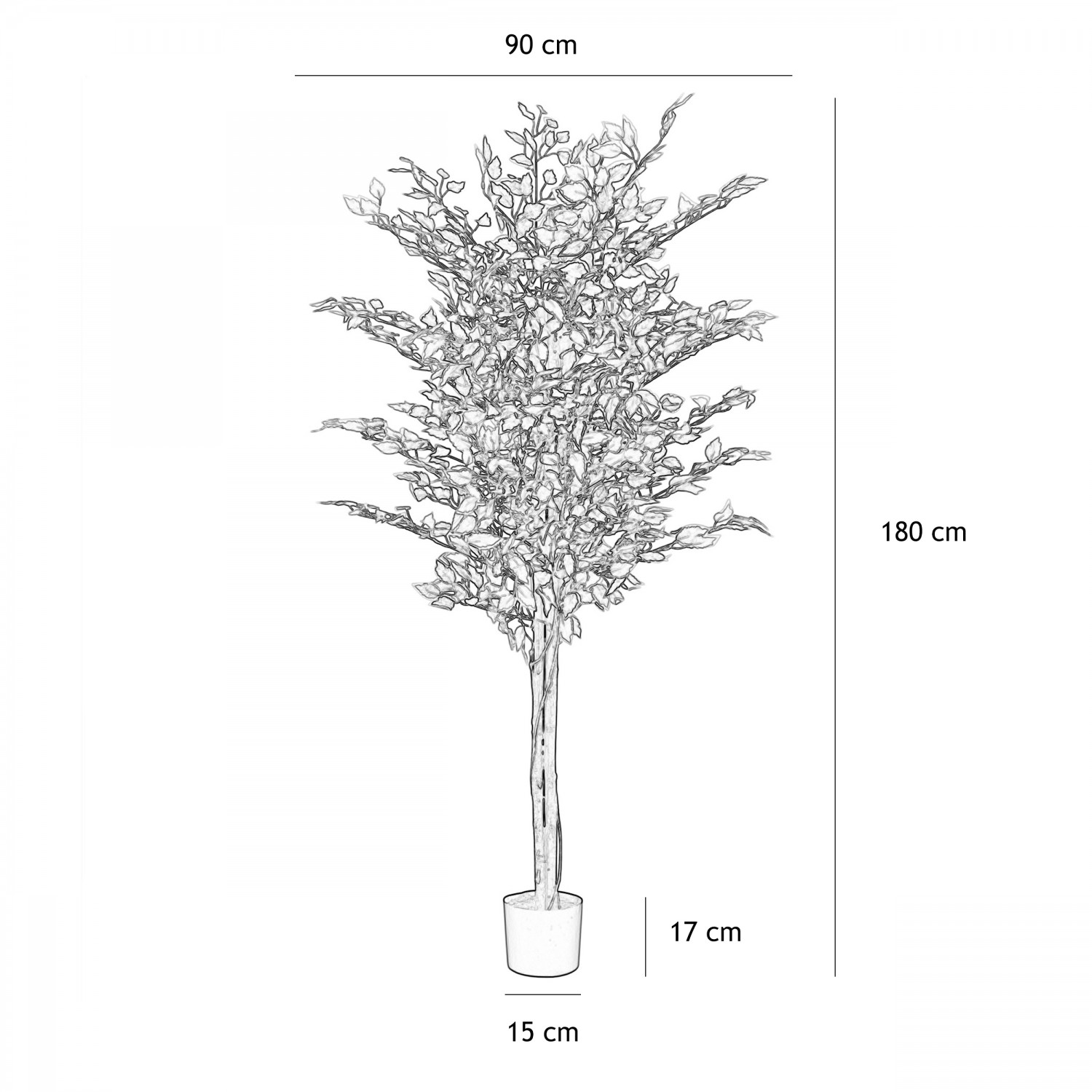 Ficus artificiel panaché 180cm graphique avec les dimensions