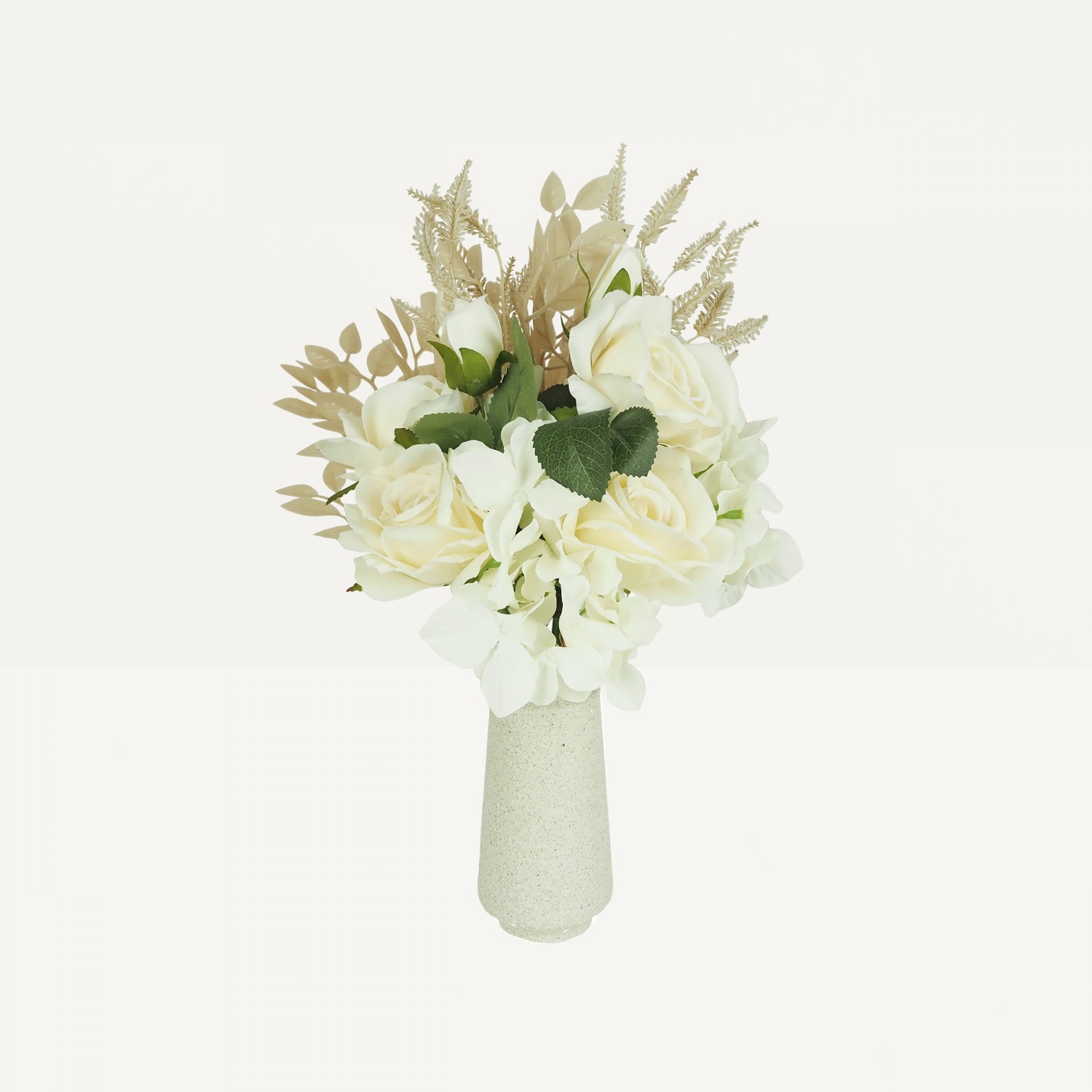 Bouquet artificiel de fleurs 35cm sur fond beige dans un vase déco