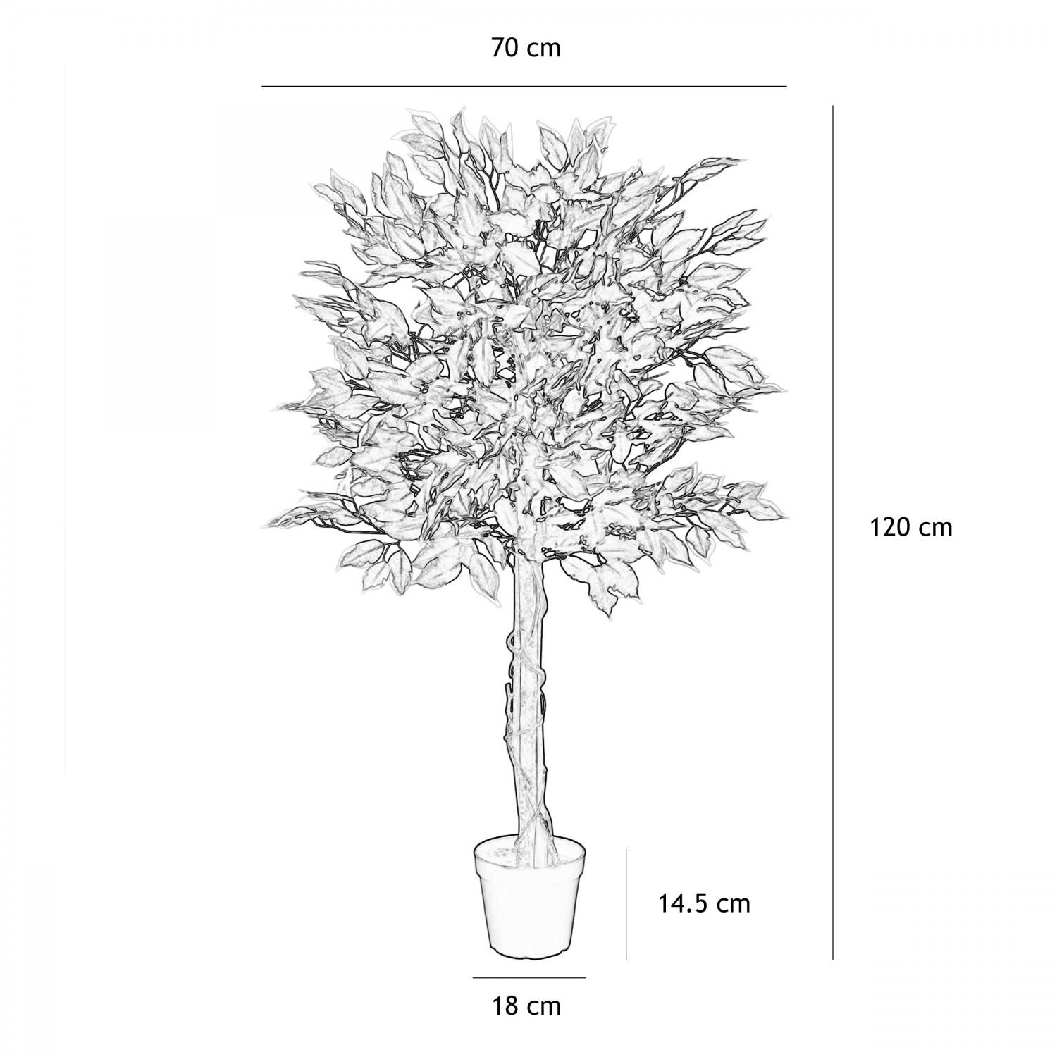 Ficus artificiel panaché 588 feuilles 120cm graphique avec les dimensions