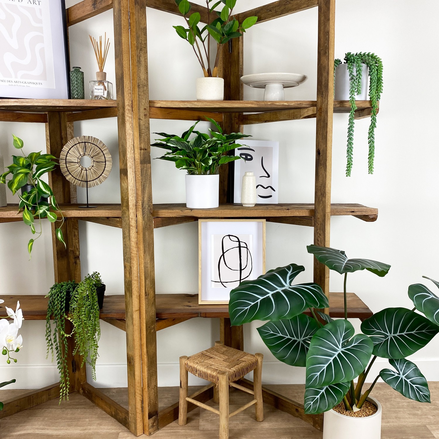 Dieffenbachia artificiel 40cm posé sur une étagère avec de la déco