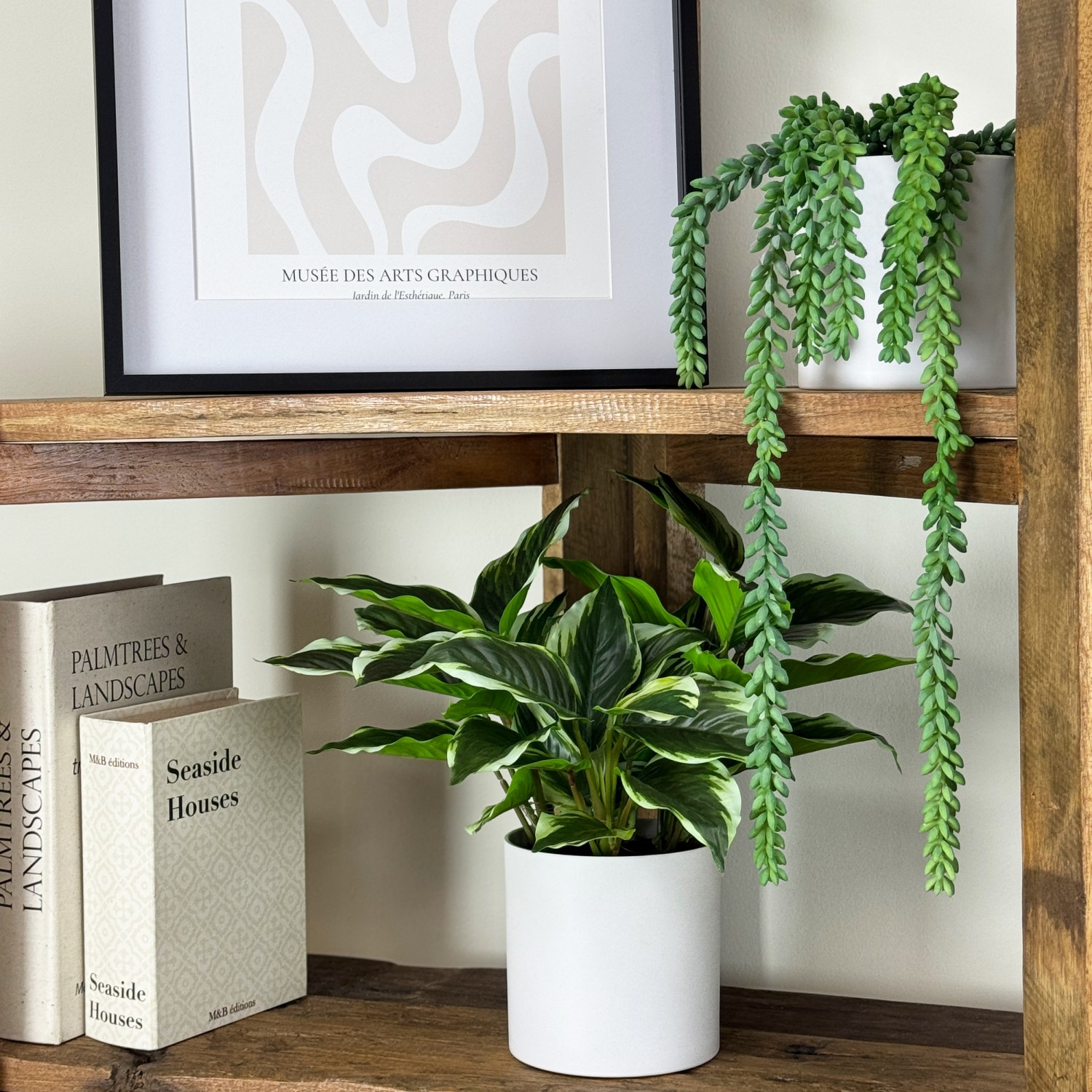 Dieffenbachia artificiel 40cm posé sur une étagère avec de la déco focus zoom