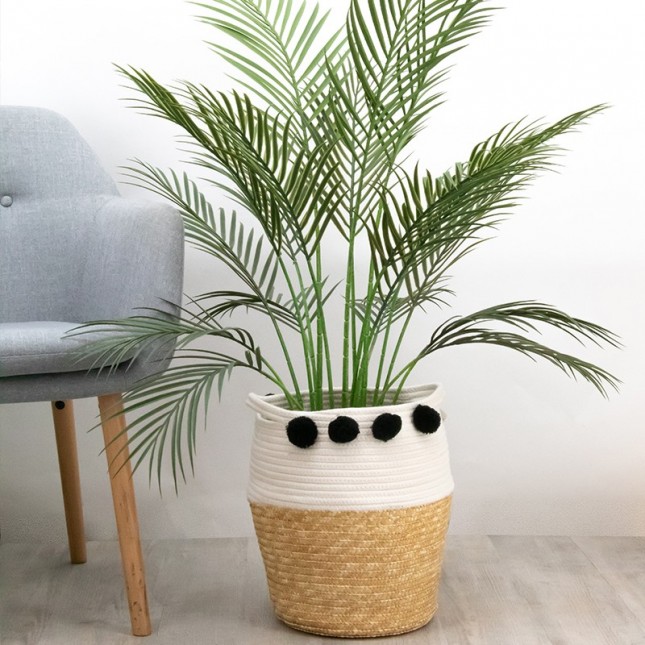Cache-pot panier pompoms noirs H36cm