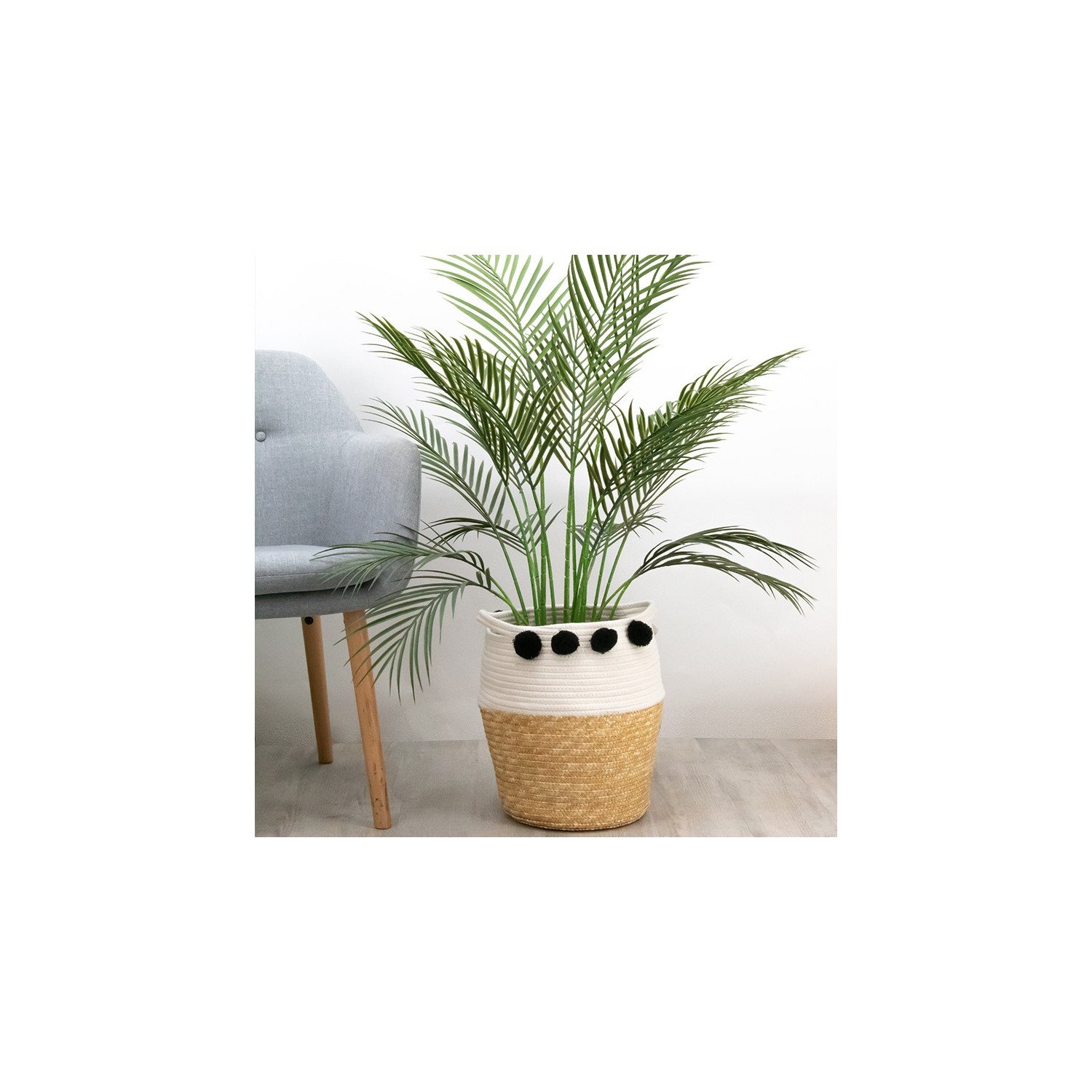 Cache-pot panier pompoms noirs H36cm Cache-pot panier pompoms noirs H36cm