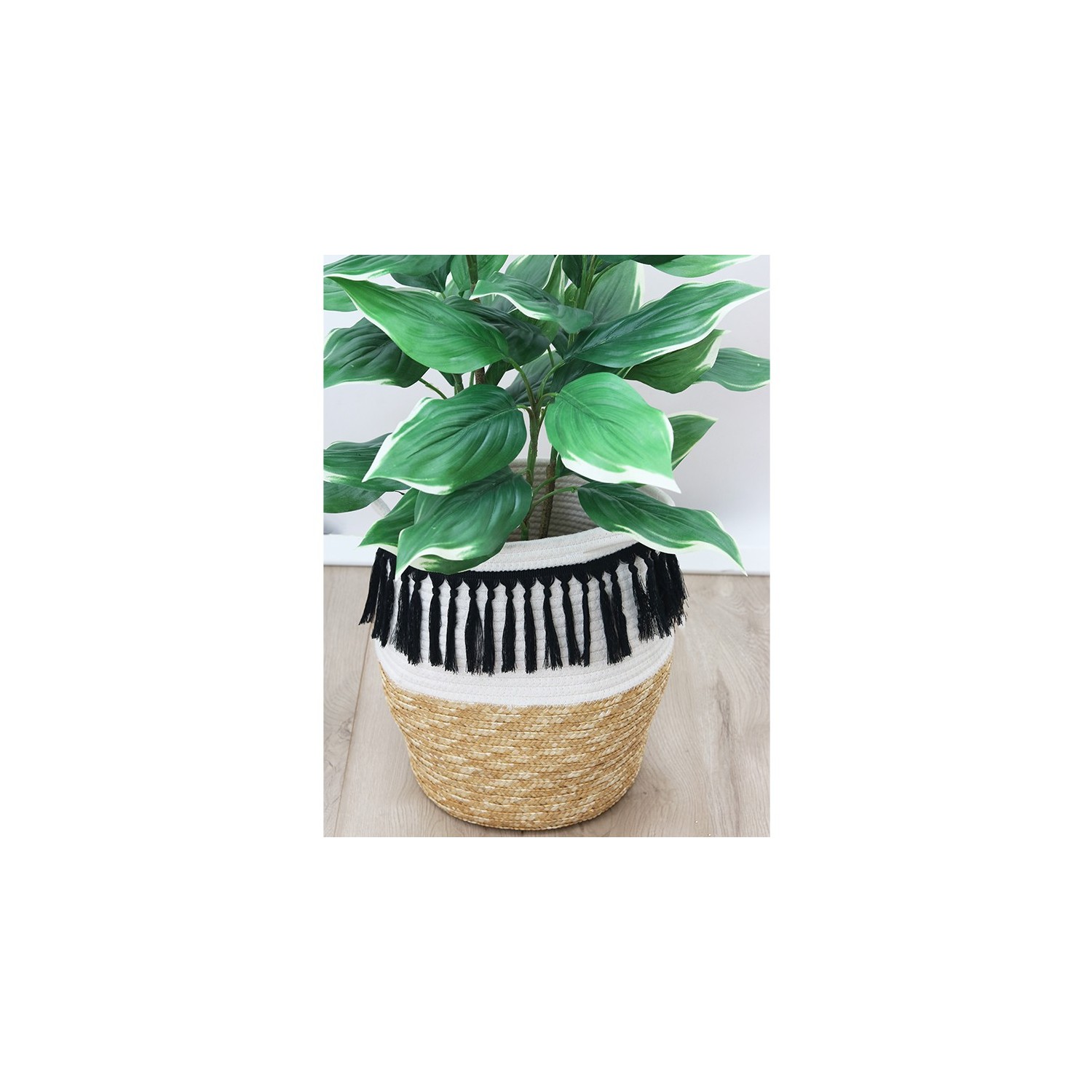 Cache-pot panier franges noires H36cm Cache-pot panier franges noires H36cm