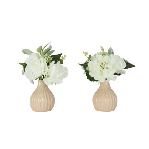 Bouquet fleurs artificiel en pot blanc 25cm sur fond blanc