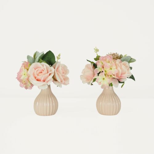 Bouquet fleurs artificiel en pot rose 25cm sur fond beige