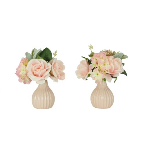 Bouquet fleurs artificiel en pot rose 25cm sur fond blanc