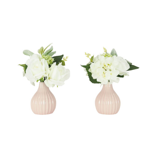 Bouquet fleurs artificiel en pot blanc 25cm sur fond blanc