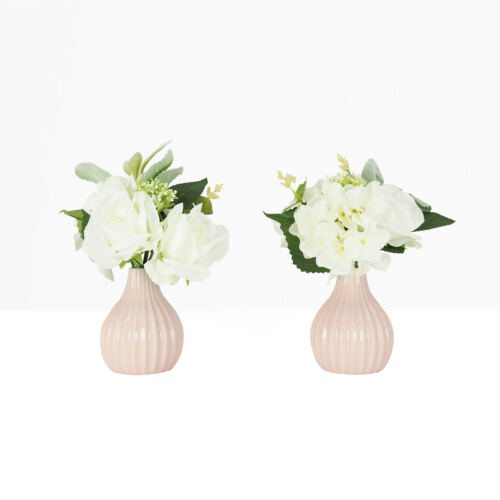Bouquet fleurs artificiel en pot blanc 25cm sur fond beige