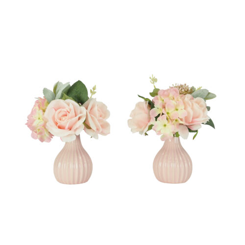 Bouquet fleurs artificiel en pot rose 25cm sur fond blanc