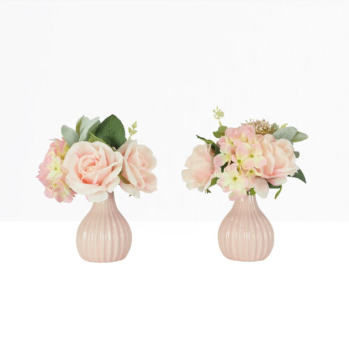 Bouquet fleurs artificiel en pot rose 25cm sur fond beige