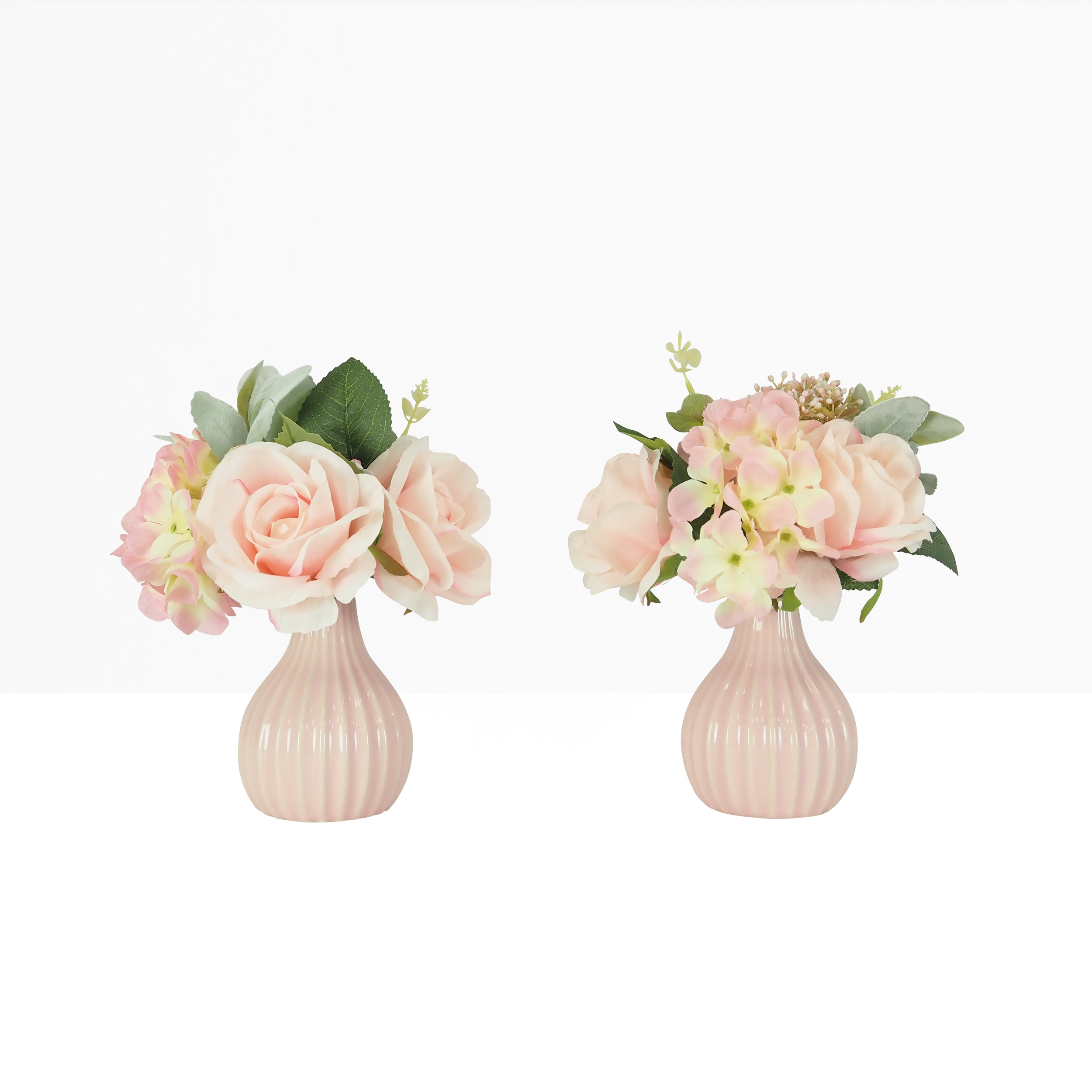 Bouquet fleurs artificiel en pot rose 25cm sur fond beige