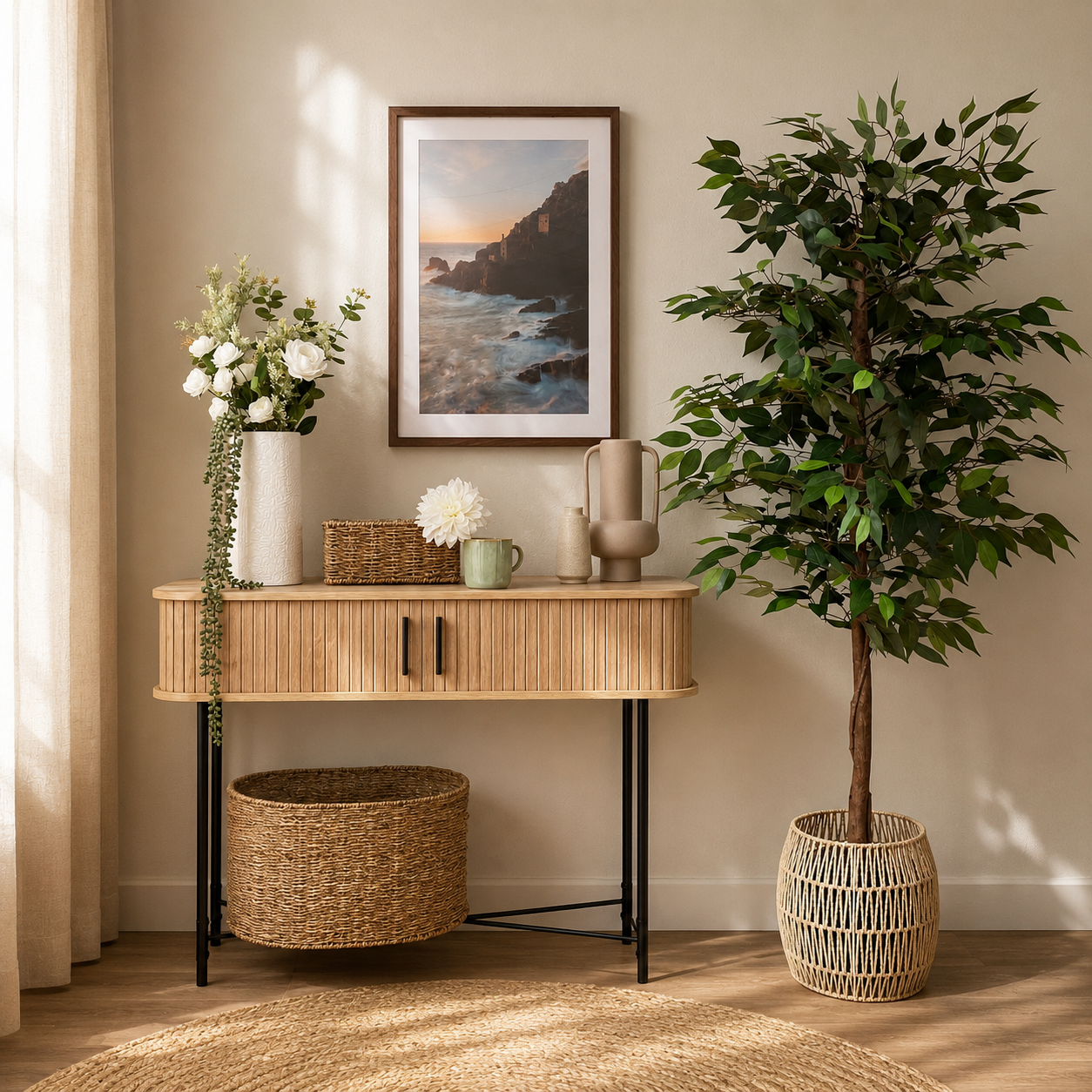 Ficus artificiel vert 180cm en ambiance à côté d'une console