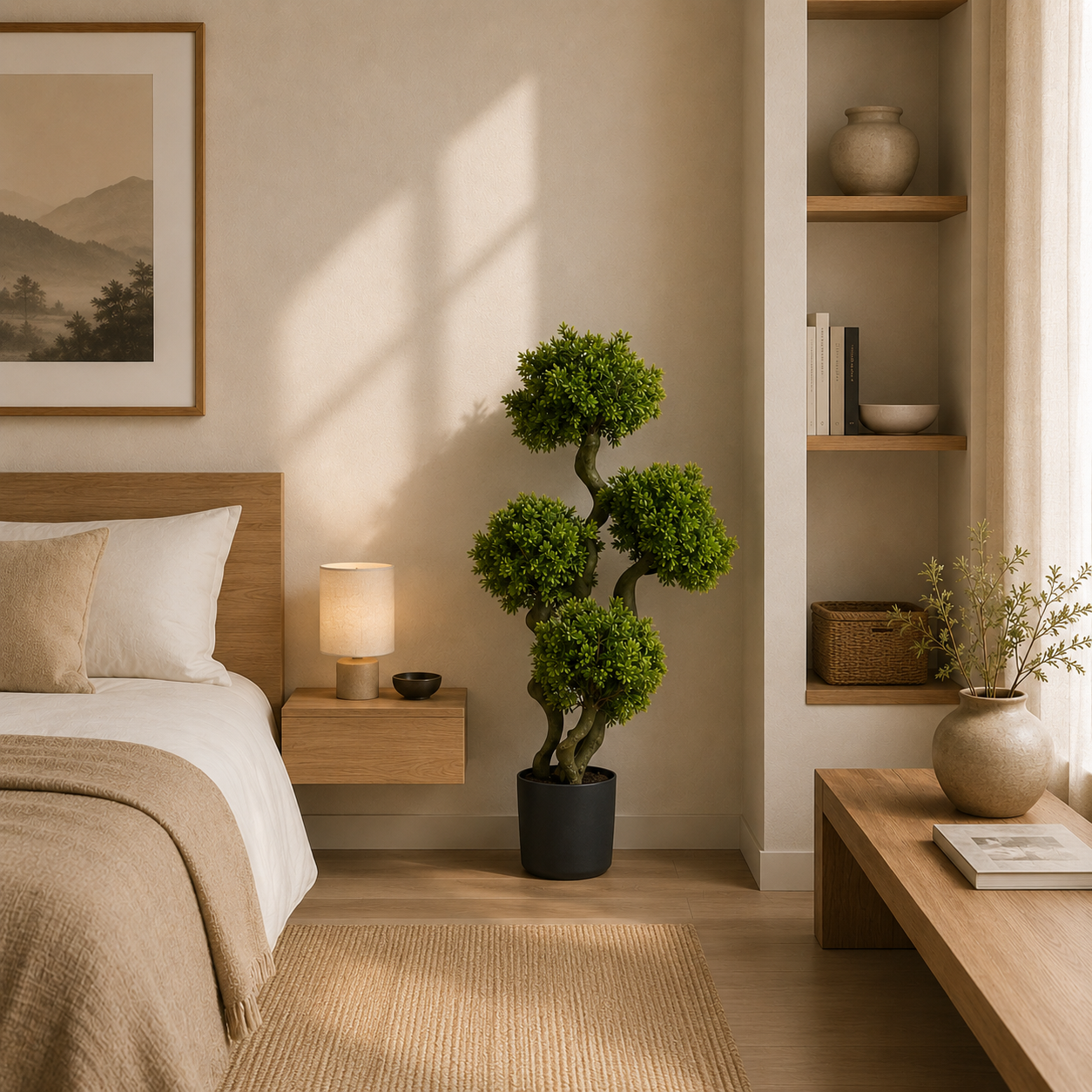 Bonsaï artificiel 100cm dans une chambre posé à côté du lit