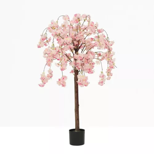 Cerisier artificiel retombant rose 110cm sur fond beige