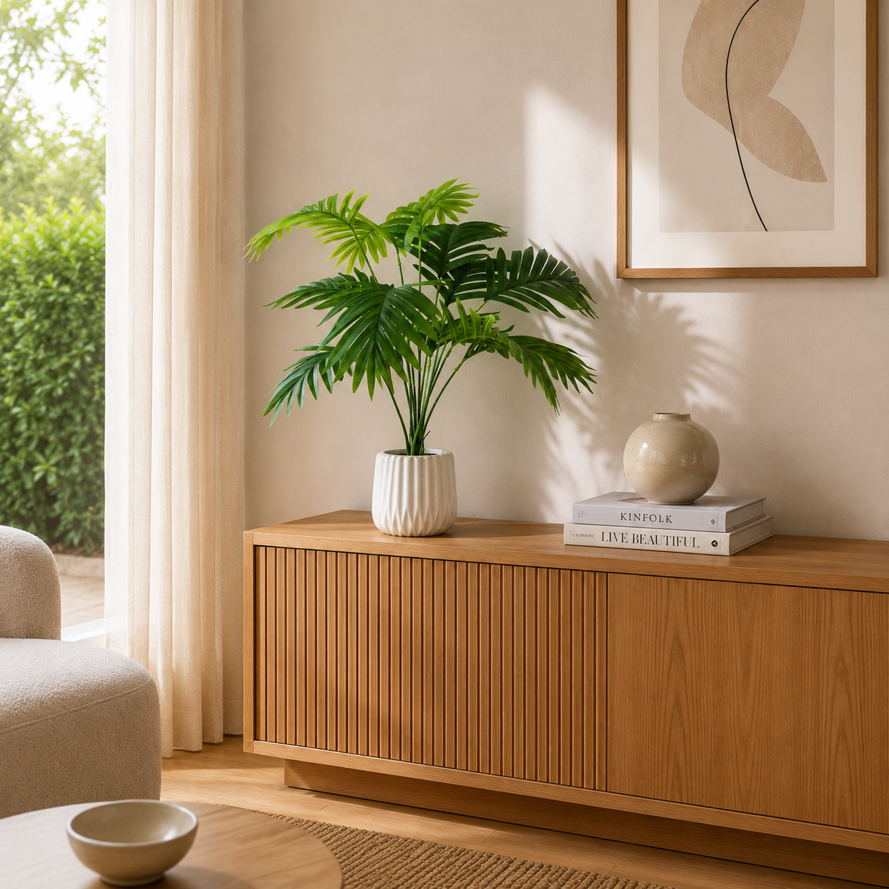 Palmier artificiel 68cm posé sur une console dans un salon