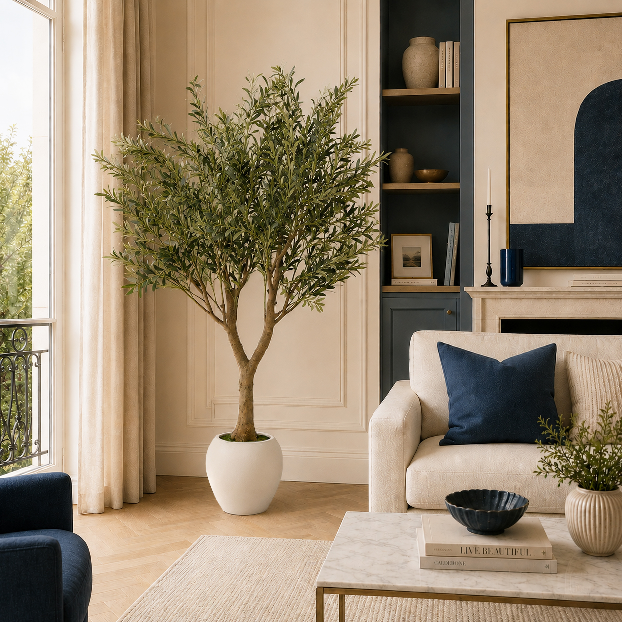 Olivier artificiel pot blanc 180cm posé dans le coin d'un salon avec une déco tendance