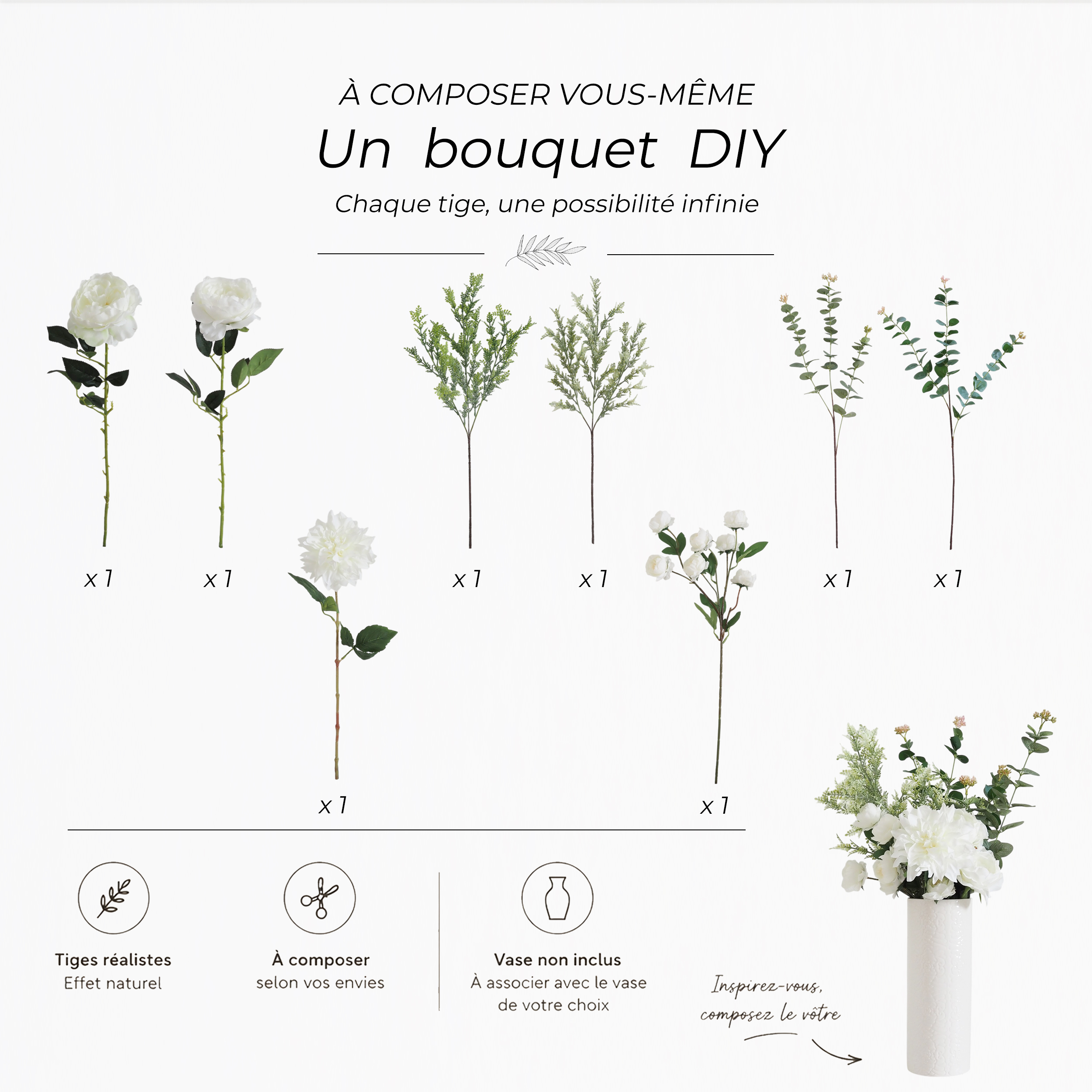 Bouquet de fleurs artificielles à composer - Alba explication pour la composition du bouquet