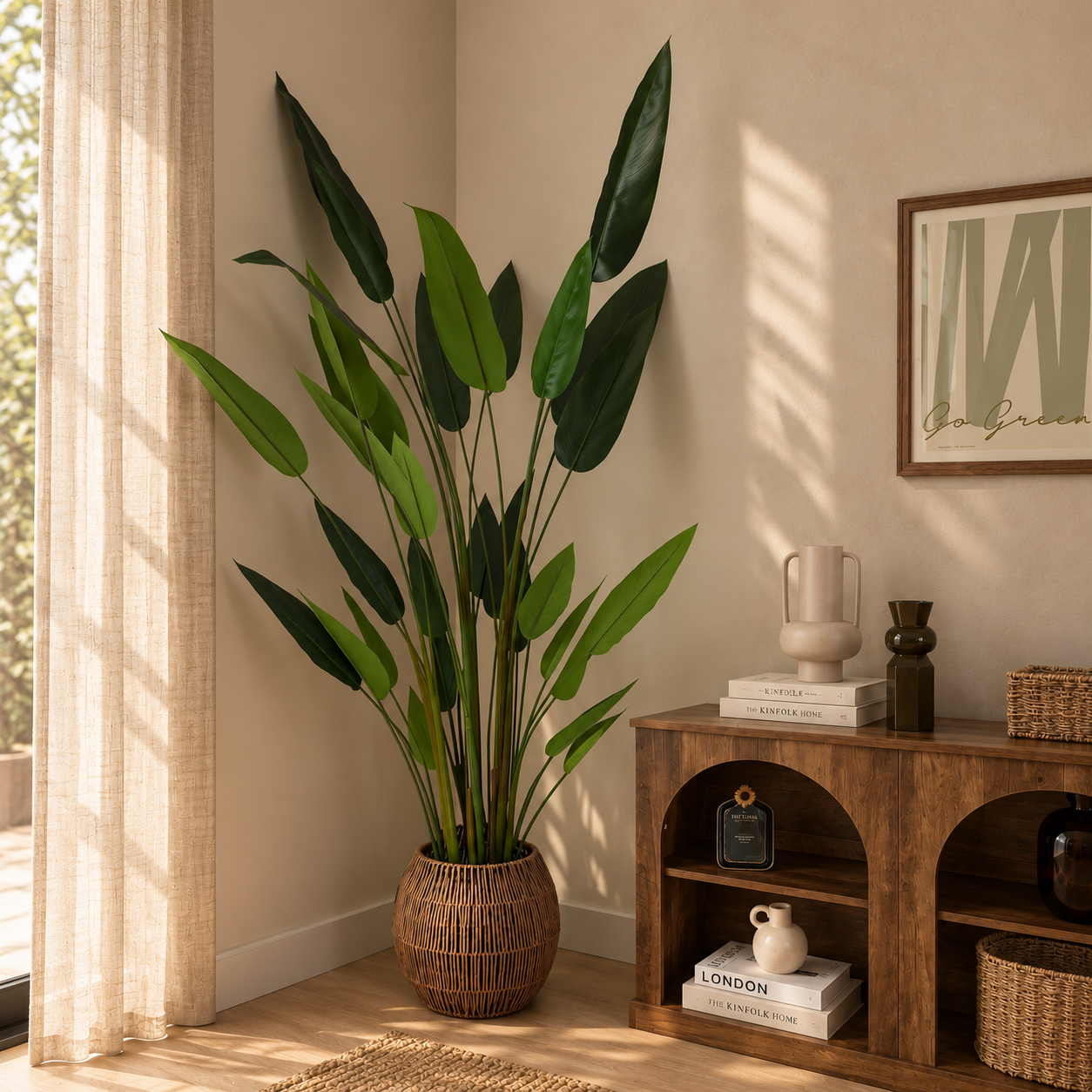 Plante artificielle héliconia 210cm dans un coin à côté d'une fenêtre